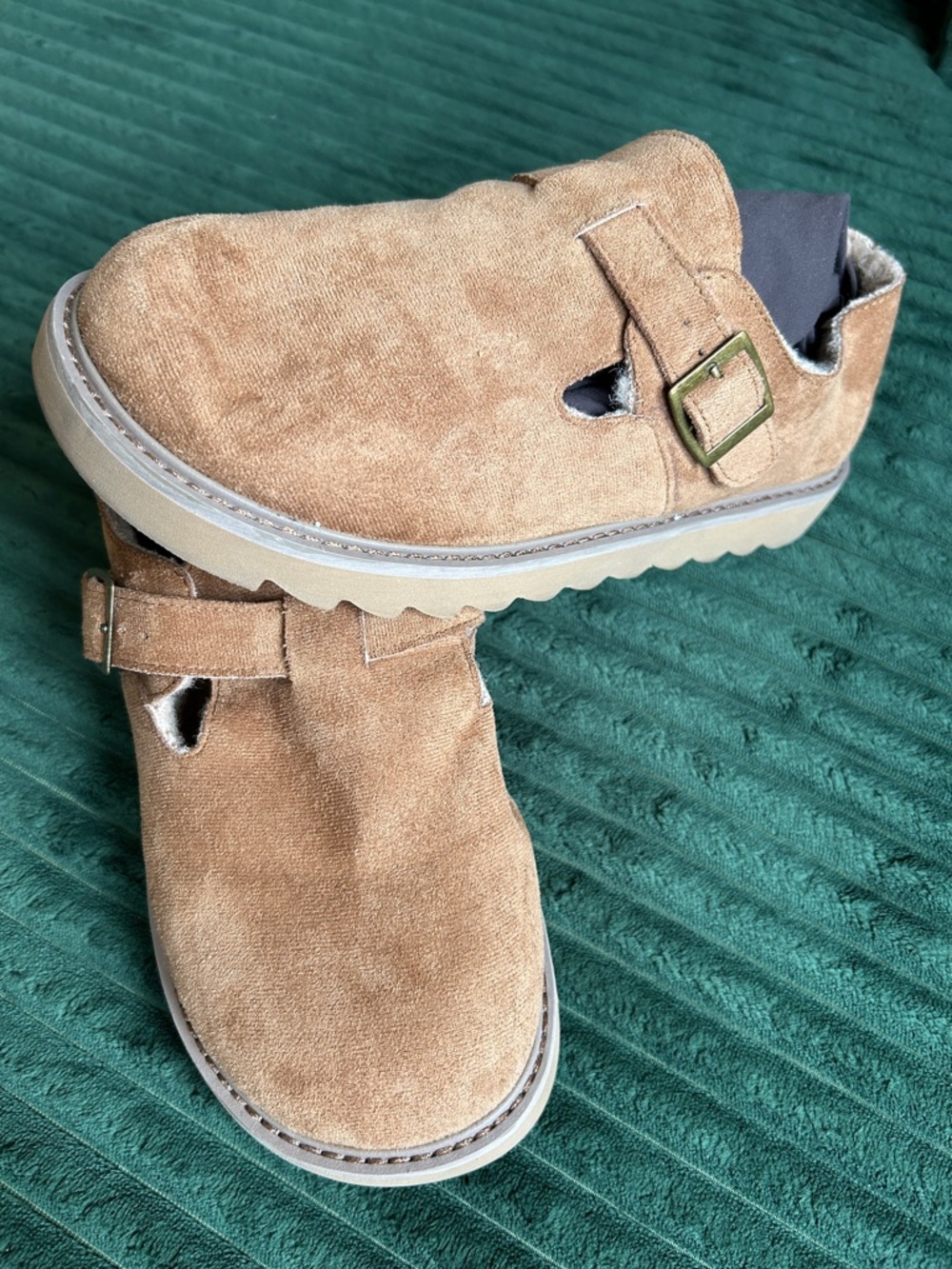 Suede Buckle Slip-On Clogs in Camel